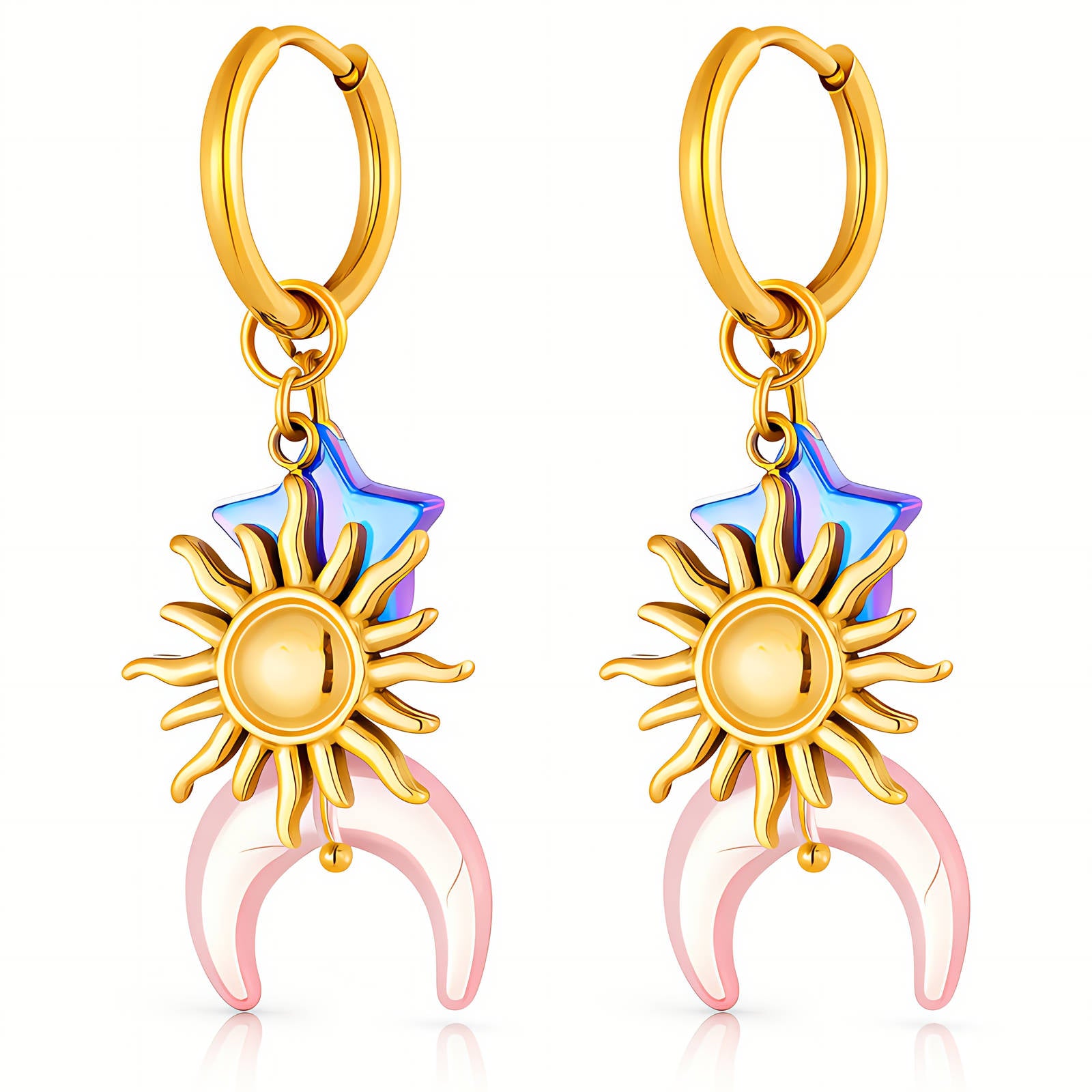Crescent and Sun Earrings — 18k gold-plated mismatched drops