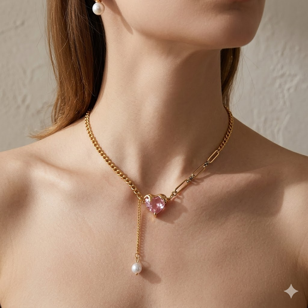 Pink Heart Drop Necklace